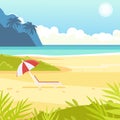 Tropical sand background. Chaise lounge with umbrella. Royalty Free Stock Photo